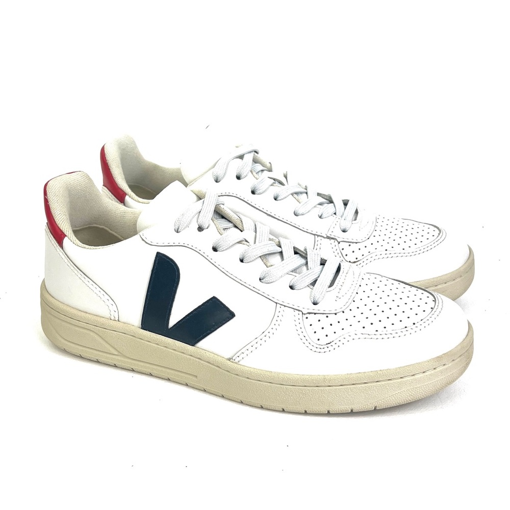 VEJA V-10 Extra White/Nautico/Pekin Leather Sneakers, Size 9